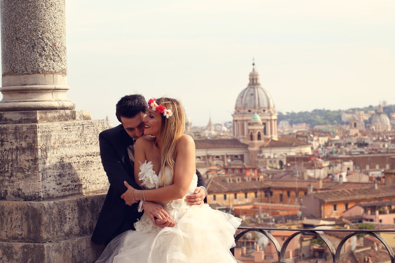 Bride and groom hugging in Rome