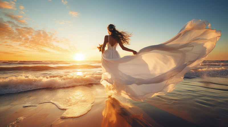 Bride walking towards the ocean. 